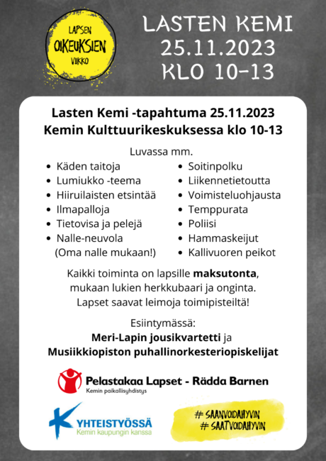 Lasten Kemi -tapahtuma Kulttuurikeskuksessa 25.11.2023.